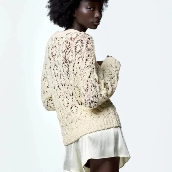 Zara Cotton  Pointelle Open Knit Sweater Ecru White NWT Size Small - Picture 4 of 9
